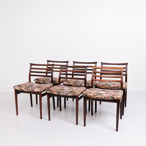 Sæt Af Seks Spisebordsstole - Palisander & Blomstret Sæde - Erling Torvits - 
Sorø Møbelfabrik - 1960erne
